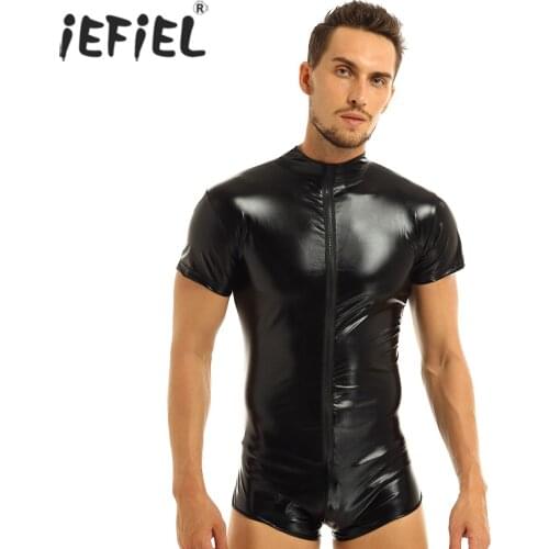 Fashion Moto Mens Lingerie Teddies Bodystocking Faux Leather Zipper Jockstraps Pouch Leotard Bodysuit Underwear Sexy Clubwear