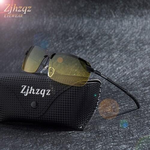 Mens Fashion Rimless Polarized Sunglasses Yellow Green Lens Dat And Night Anti-glare Goggles Glare Driver Sunglasses Eyewears