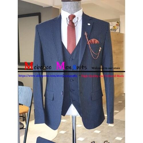 Mavy Blue Pinstripe Wedding Tuxedos Slim Fit Men Suits 3 Pieces Peaked Lapel Jacket+Vest+Pants Formal Business Groomsman Suits