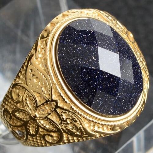 Mens Domineering 316L Stainless Steel Lapis Lazuli Engagement Ring Sapphire Gems Crystal Wedding Ring Hip Hop Jewelry Gifts