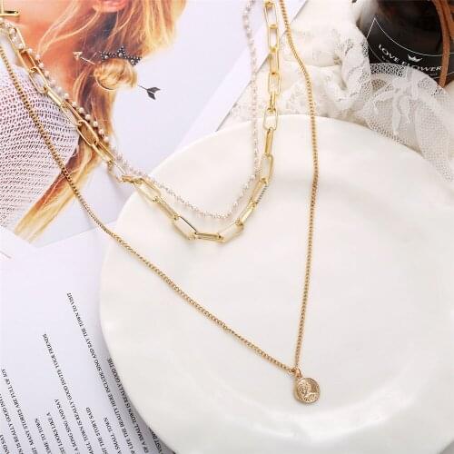 New Vintage Multilevel Gold Necklaces For Women Boho Fashion Artificial Pearl Head Coin Pendant Necklace Jewelry Party Gift