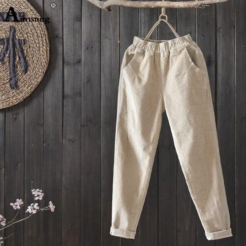 Aimsnug Autumn Corduroy Pants Women Fashion Harem Pants all-matched Casual Beige Loose Elastic Waist Trousers Plus Size