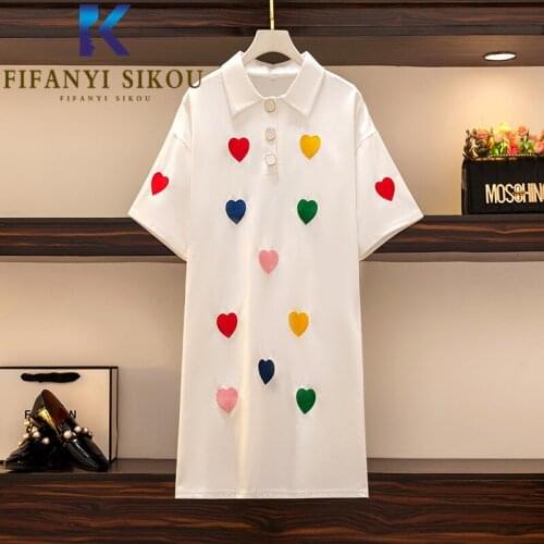 White T-shirt Dresses Women Fashion Embroidery Lapel Short Sleeve Midi Long Dress Female Loose Plus Size Casual Summer Dress