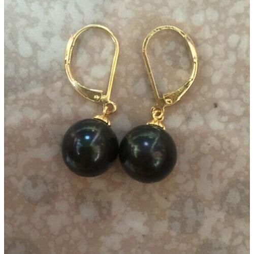 Pair of stunning 10-11mm round tahitian black pear danglel earring 14