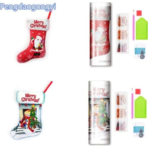 Christmas Stocking DIY Round Diamond Painting Cute Snowman Santa Claus Ornaments Christmas Tree Pendant Candy Gift Bag for Kid
