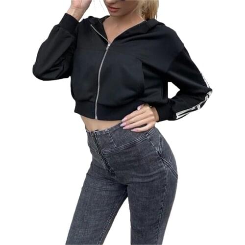 Women Hooded Sweater Adults Skeleton Print Long Sleeve Zipper Crop Tops with Pockets Black
