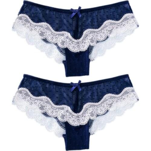 50%HOT 2Pcs Women Sexy Lace Patchwork See Through Bow Low Waist Elastic Briefs Panties