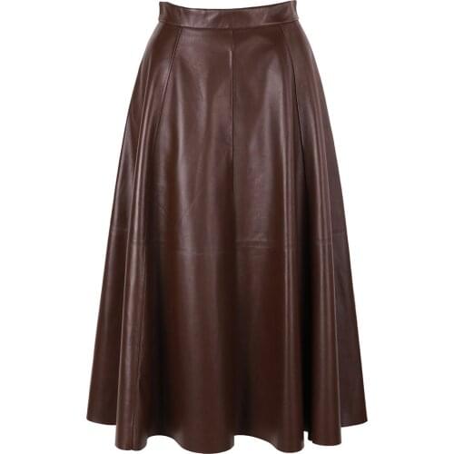 YOLOAgain Women Real Leather Skirt Ladies Elegant Vintage A-line Long Skirt