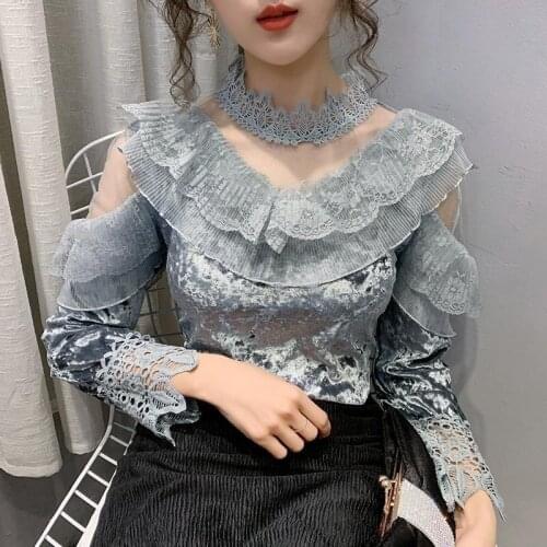 2021 Spring Autumn New Women Fashion Gold Velvet Stitching Mesh/lace Ruffle Shirt Top Elegant Long Sleeve Blouse Blusa Y372