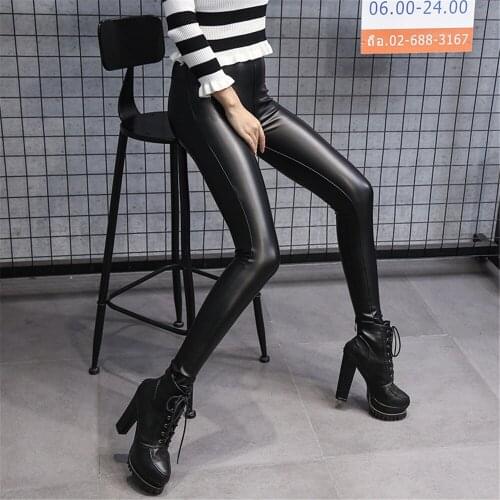 Women Velvet Leggings PU Leather Black Slim Pants Sexy Skinny High Waist Soild Ankle-length Leggins