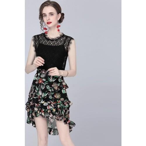 Summer Fashion Suit Womens Sexy Black Lace Hollow out Blouse Top＋High Waist Chiffon Flowers Ruffles Mini Skirt 2 Pieces Sets