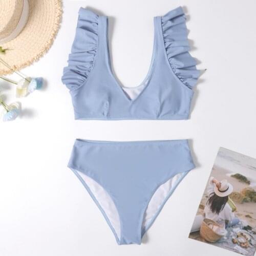 2021 Ruffled Bikini Mujer Bandeau High Waist Swimwear Women Swimsuit Bathing Suit Sexy V Neck Biquinis Two Piece Bikinis Set