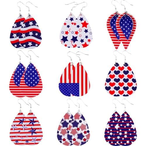 1Pair Five-pointed Star Printed Pu Faux Leather Earrings Stripe Print USA Flag Leaf Drop Earrings Fashion Jewelry Women