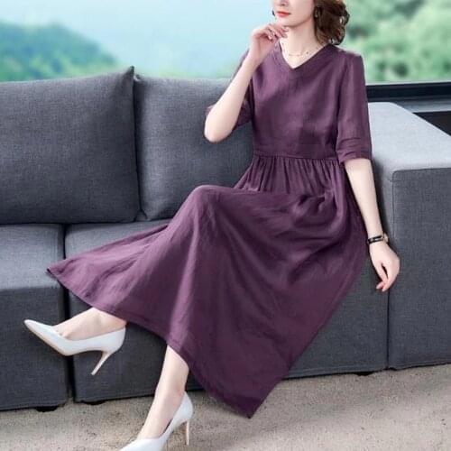 2021 New Summer Women Purple Bohemian Sundress Vintage Cotton Linen Dress Female Loose Casual Short Sleeve Party Vestidos Y334