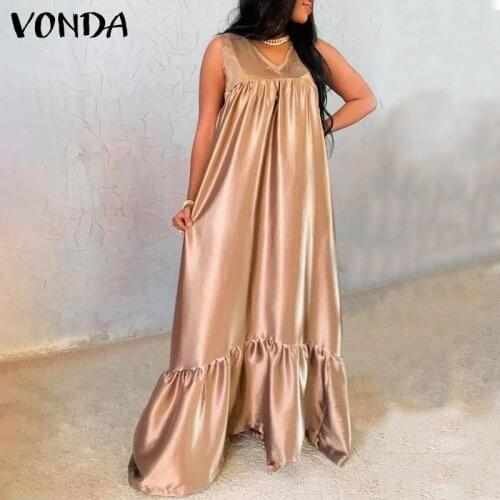 VONDA 2021 Summer Sleeveless V Neck Pleated Dress Women Holiday Party Tank Dresses Femme Bohemian Party Vestidos Oversized