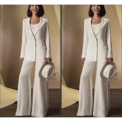 Satin Long Sleeves Mother Of the Bride Dresses Pant Suits with jacket 3 Pieces Custom Made Women White Formal Outfits