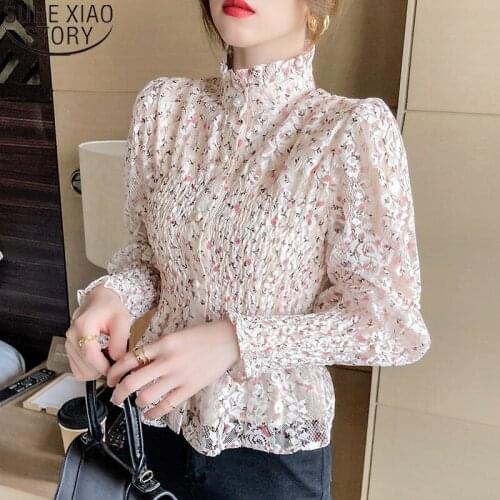 Sweet Lace Blouses Stand Collar 2021 New Floral Print Blouse Women Causal Shirt New Autumn Long Sleeve Cardigan Clothes 16333