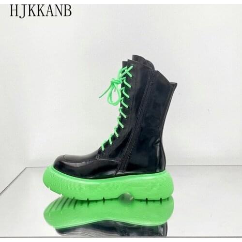 Genuine Leather Platform Martin Boots Women Round Toe Thick Bottom Mid Calf Boots 2021 Spring Autumn New Motorcycle Boots Lady