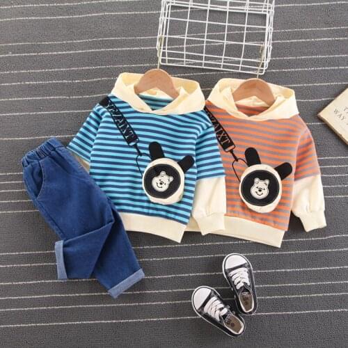 Baby Spring Autumn Clothing Toddler Baby Boy Clothes Hooded Tops Long Sleeve Romper Striped+Long jeans Pants Pocket Outfits