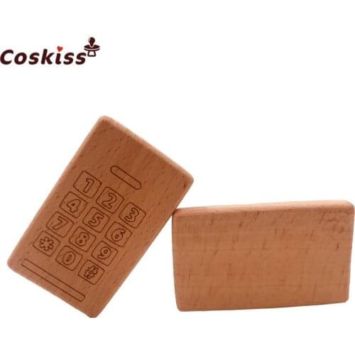 Beech Wooden Phone Natural Handmade Baby Wooden Teether DIY Wood Personalized Pendent Eco-Friendly Safe Baby Teether Toys