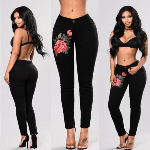 Stretch Embroidered Jeans For Women Elastic Flower Jeans Female Slim Denim Pants Hole Ripped Rose Pattern Jeans Pantalon Femme