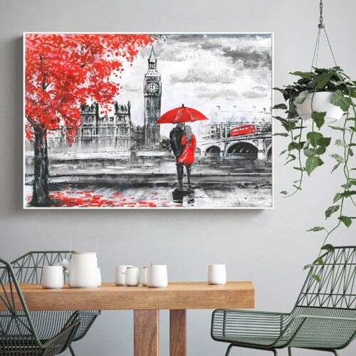 City Couples Umbrellar Backview Watercolor Canvas Painting Poster and Prints Art for Porch Gallery Home House Decor Cuadros