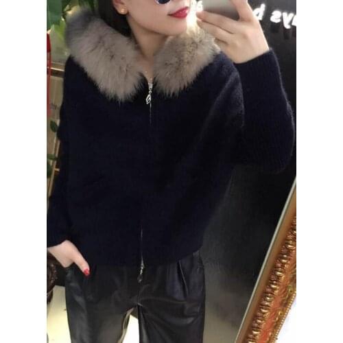 New lady natural knitted mink cashmere cardigans with fox fur hood womens fashion Batwing sleeve knit sweater