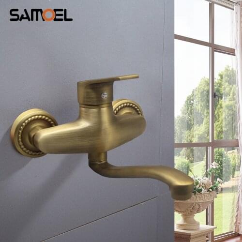 Classic Antique Brass Bathroom Sink Faucet Mixers Wall Mounted Dual Hole Single Handle Retro Copper Basin Water Tap AF1111