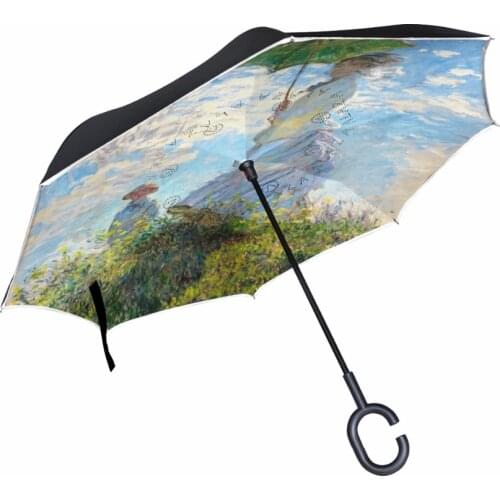 Claude Monet Famous Oil Painting Double Layer Reverse Umbrella C-Shaped Free Hand Graphic Windproof Long Car Umbrella