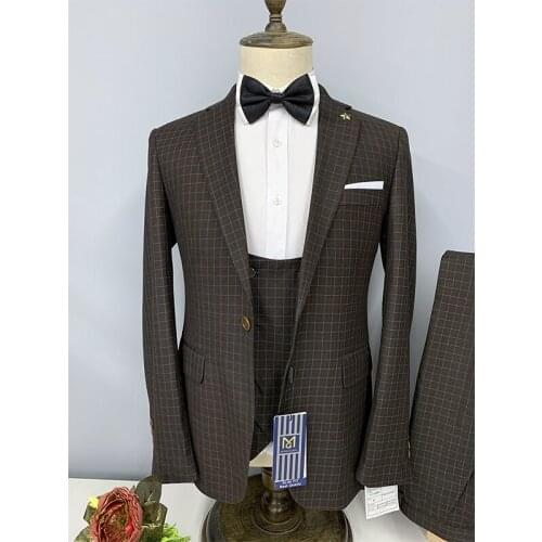 Made grid dark brown Herringbone Tweed British style Mens suit tailor slim fit Blazer wedding men suit set Blazer+vest+pants