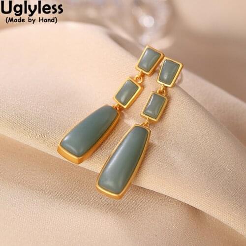 Uglyless Minimalism Square Jade Earrings Women Simple Fashion Stripes Gold Earrings 925 Silver Natural Gemstones Jewelry Agate