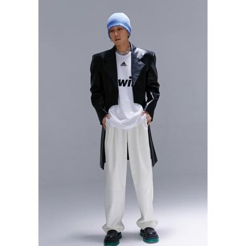 XS-6XL 2021 New mens clothing Show Hollow shoulder pad loose Pu medium length leather Suit Coat plus size singer costumes