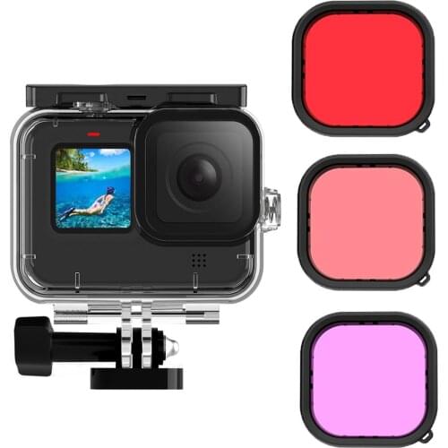 GoPro Hero 9 Accessories Kits Waterproof Housing Case 45M Underwater Diving Protective with 3 Packs Filter Red Pink Magenta