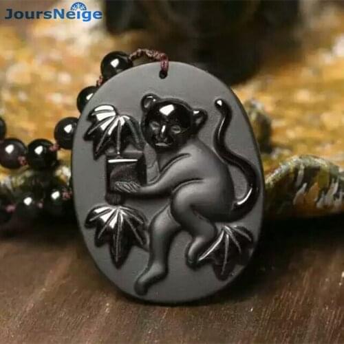 Wholesale Scrub Obsidian Natural Stone Pendants Caved Monkey Necklace Lucky For Women Men Obsidian Fashion Jewelry JoursNeige
