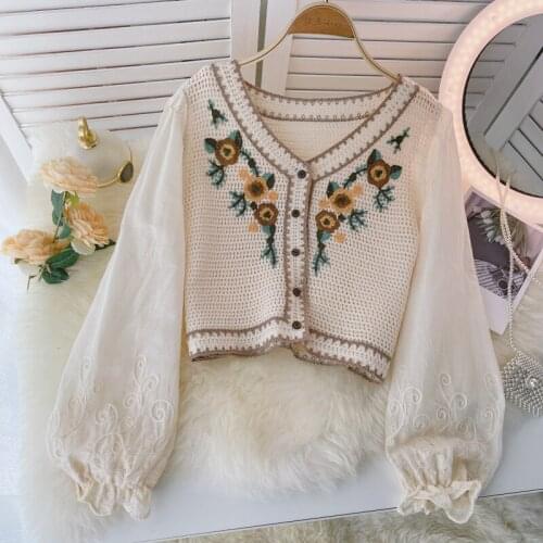 Autumn Retro Crochet Hollow Knit Cardigan Embroidery Long Sleeve Cute Age-reducing Short Top Women