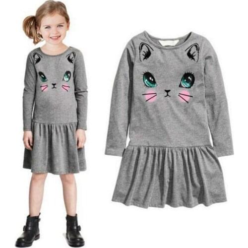 Princess Girls Dresses Fashion Spring Cat Printed Children Long Sleeved Cartoon Baby Cotton Party Dresses Kids Clothing Grey Red