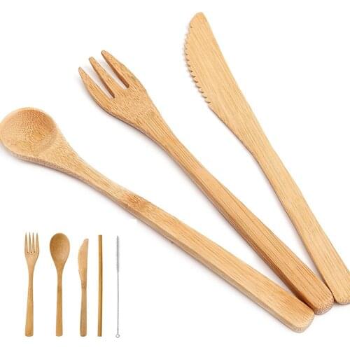 Portable Bamboo Spoon Fork Knife Straw Dinnerware Dining Cutlery Utensil Set