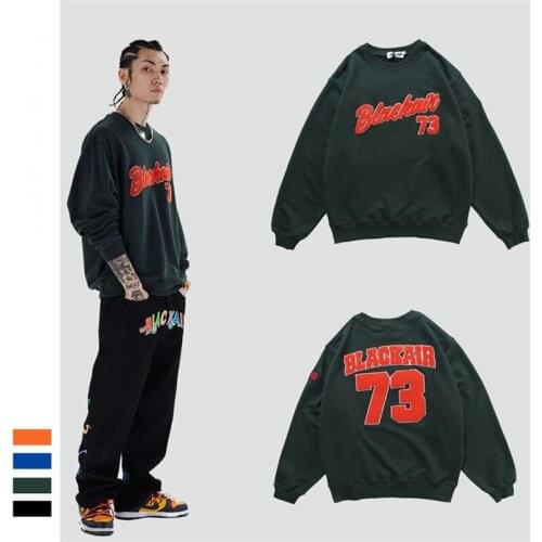 Hip Hop Retro Round Neck Pullover Sweatshirts High Street Towel Embroidered Cotton Tops Men Women Casual Loose Couple Hoodies