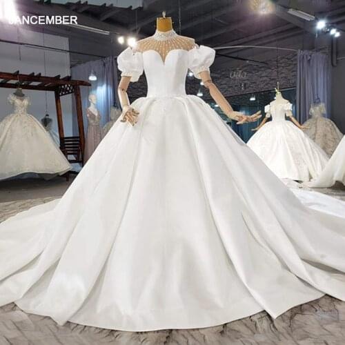 HTL2090 Short Puff Sleeve Sexy V-Neck Ball-Gown Beaded Crystal Luxury Sequined Wedding Dress 2021 Lace Up Back