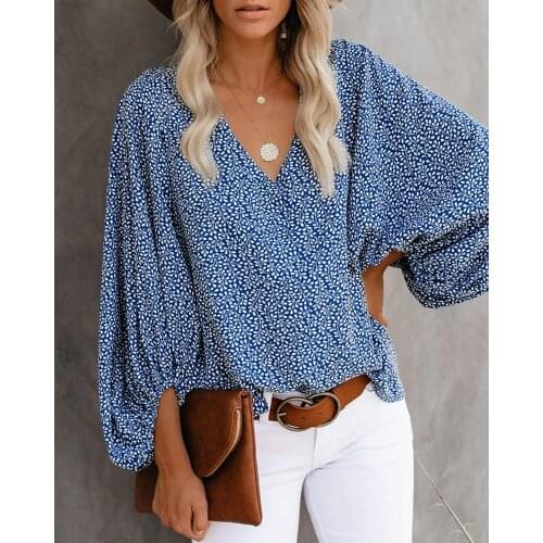 Spring Autumn Women Surplice Neck Lantern Sleeve Blouse Femme Elegant Casual All Over Print Long Sleeve Top Office Lady Outfits