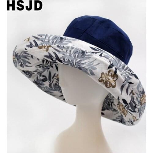 New Female Flower Print Double-sided Cotton Linen Sun Hat Women Big Wide Brim Anti-UV Foldable Beach Hats Ladys Bucket hat