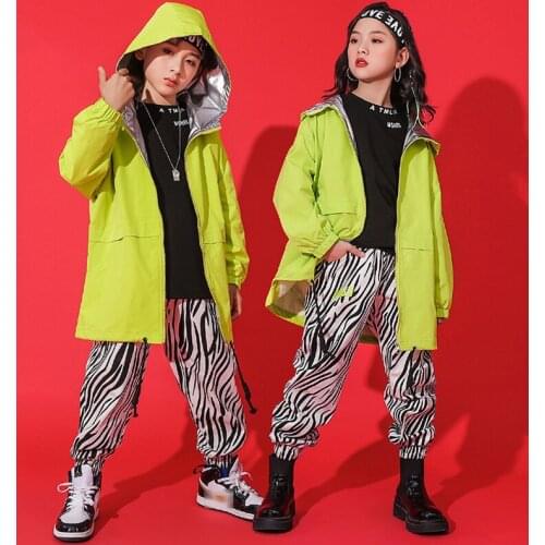 Hip Hop Kids Costume Modern Dance Clothes Hoodie Jacket Green Tops Stripe Hip Hop Pants For Girls Performance Stage Wear BL5470