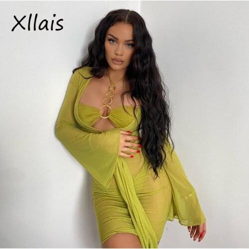XLLAIS Sexy Fall Two Piece Outfit Flared Sleeve Long Mesh Dress and Ring Stitching Vest Fashion See Through Chiffon Matching Set