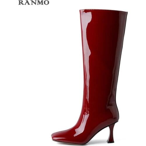 High Heels Western Boots Fashion High Boots Womens Leather Red High Heel Boots Square Toe Autumn and Winter Boots Luxury Shoes