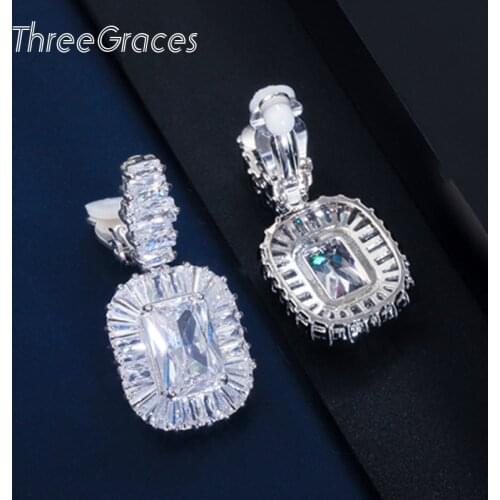 ThreeGraces No Hole Square Design CZ Crystal Long Drop Clips On Earrings without Piercing Ear Clip for Women Engagement EJ0022