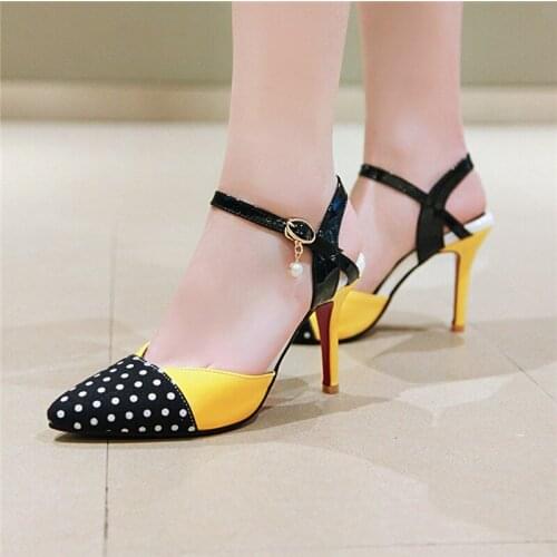 YMECHIC 2019 Summer Closed Pointed Toe Sandals Women Polka Dot Yellow Stiletto Fashion Thin High Heels Shoes Sweet Ladies Pumps