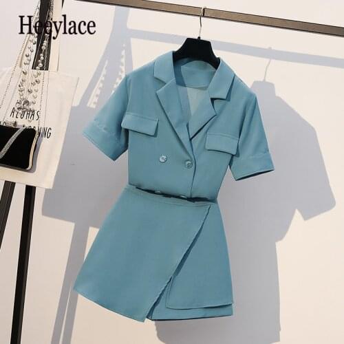 Plus size office ladies solid elegant 2 piece set for women short sleeve double breasted notched top and shorts skirts suits
