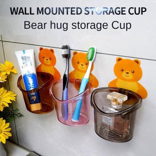 1Pc Bear Cup Toothbrush Holder Sticky Cup Drainage Storage Wall Mounted Shelf Toothbrush Toothpaste Holder Bathroom Accessories