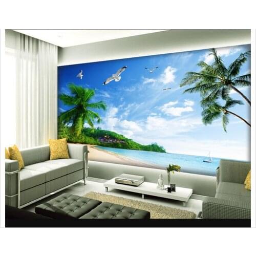 Customized 3d wallpaper 3d tv wallpaper murals sea coconut palm beach seagull landscape paintings wall living room wallpaper