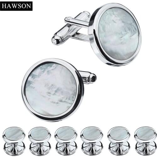 HAWSON Mother of Pearl Cufflinks and Studs Set Mens Accessories Tuxedo Shirts 4/6 Studs Cuff Links Jewelry Wedding Gift